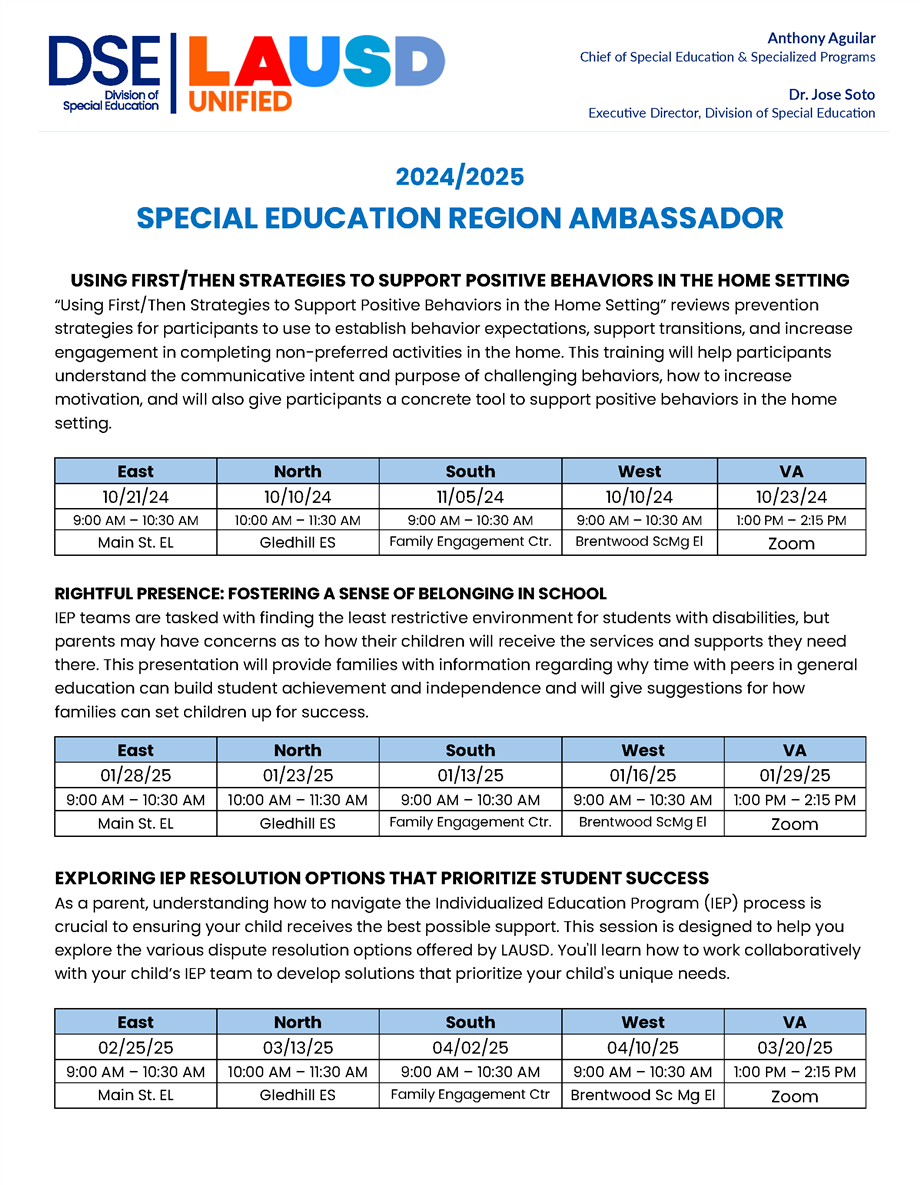 Special Education Region Ambassador: Hybrid Parent Workshops